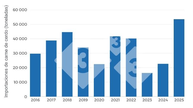 Gráfico 3. Evolución anual de toneladas importadas (peso producto) periodo 2016-2025. Elaboración propia con datos de la Secretaría de Agricultura, Ganadería y Pesca (SAGYP).